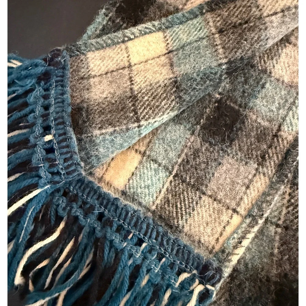 Vintage Plaid Fringe Scarf Blue Gray Cream Wool Blend Winter Accessory